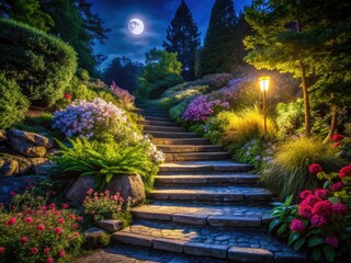 Night Garden Steps, Magical Staircase, Dark Garden Path, Illuminated Steps, Moonlight Garden Photography