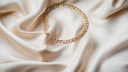 Gold choker necklace styled on thin white background fabric with natural shadows
