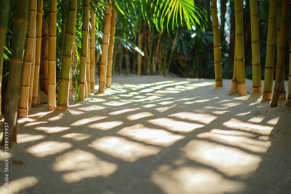 Poster sunlight filters through bamboo stalks, casting patterned shadows on a sandy path. serene and peacef