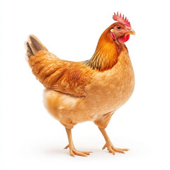 Fototapeta premium A lone hen stands out against a crisp white background, showcasing its vibrant feathers and charming character.