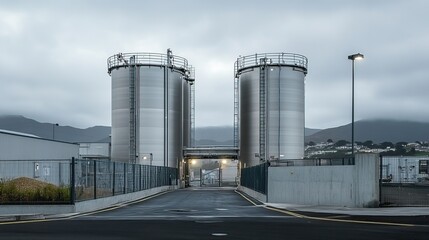 Obraz premium Large cylindrical chicken feed silos next to broiler plant entrance