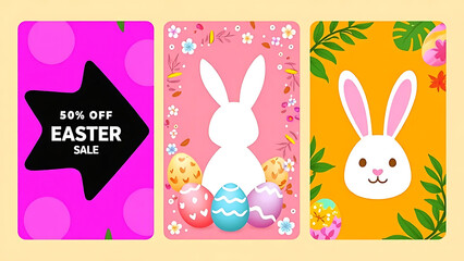 A cute pink cartoon bunny with spring flowers and eggs for a happy Easter greeting and sale ads design