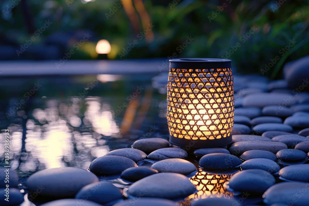 Poster a serene outdoor scene with a lit lantern resting on smooth stones by a tranquil pool at twilight.