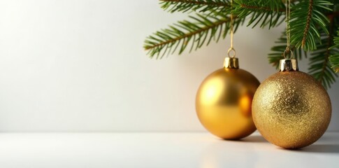 Hanging Christmas ornaments in shimmering gold on a plain white surface, festive, ornament