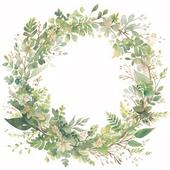 Watercolor Floral Wreath With Green Leaves and Delicate White Blossoms on White Background