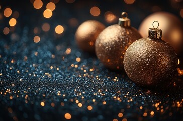 Fototapeta premium Minimalist Christmas Flat Lay with Golden Ornaments on Dark Background and Soft Lighting