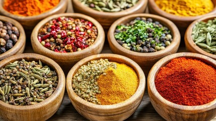Fototapeta premium Various spices are arranged in wooden bowls for cooking and flavor