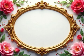 Ornate gold oval frame with floral design surrounding a royal invitation , gold, frame