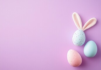 Easter concept Top view photo of fluffy bunny ears and colorful easter eggs on isolated lilac background with copyspace.