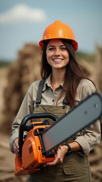 Smiling Female Lumberjack with Chainsaw, Outdoor Portrait