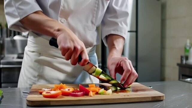 A male chef cuts vegetables in the kitchen