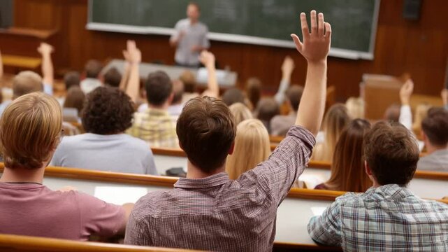 Students Engaged in Learning During a Lecture With Raised Hands Generative AI