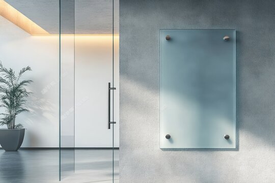 Minimalist Office Interior with Frosted Glass Door and Blank Signage Panel for Branding and Information