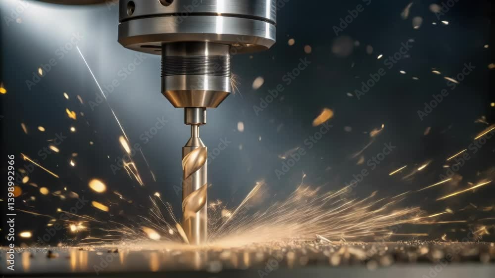 Aufkleber A closeup of a CNC drill bit spinning at high speed with chips of metal flying in the backdrop capturing the precision and power of the machining process.