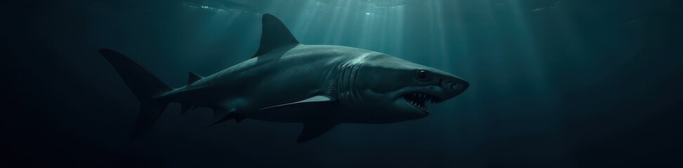 Fototapeta premium Imposing shark shadow, submerged in deep black water, sharp teeth visible , black, alone