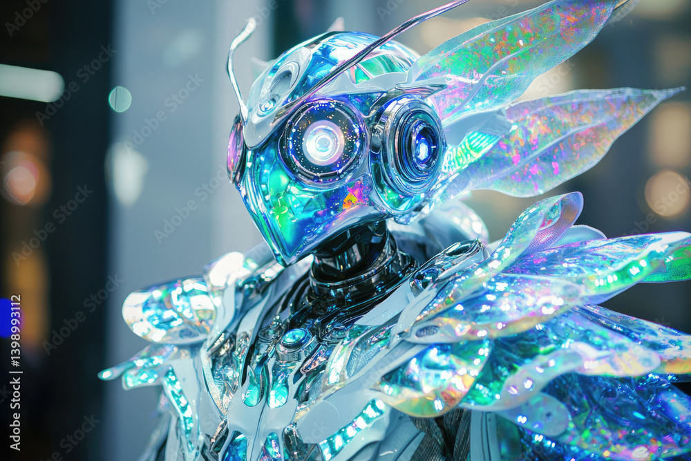 Poster Futuristic iridescent robot with intricate design and butterfly-like wings, showcasing advanced technology.