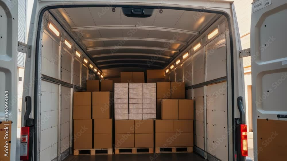 Poster a closeup of a delivery trucks open rear doors revealing organized rows of boxes inside bathed in na