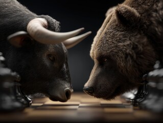 Bull and bear face off intently over a chessboard, symbolizing strategic competition and rivalry. Their expressions are determined, conveying tension and focus