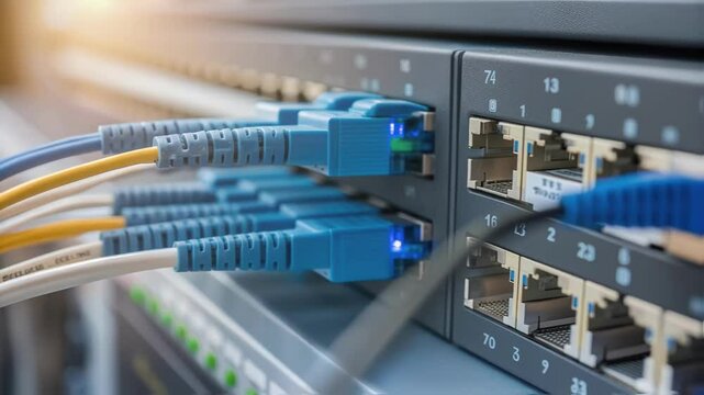 A closeup of a fiber optic connector being attached to a network switch with the connectors features in sharp detail highlighting the crucial connection points in the network.