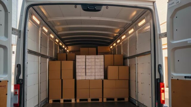 A closeup of a delivery trucks open rear doors revealing organized rows of boxes inside bathed in natural light filtering through the warehouse.