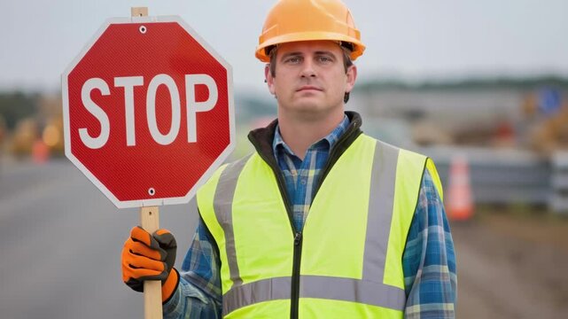 A closeup of a flagger holding a brightly colored stopslow paddle with focused expression ensuring safety as vehicles navigate through a construction site.