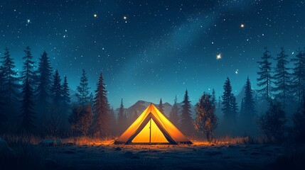 Serene Night Camp Scene Under Starry Sky with Glowing Tent and Pines