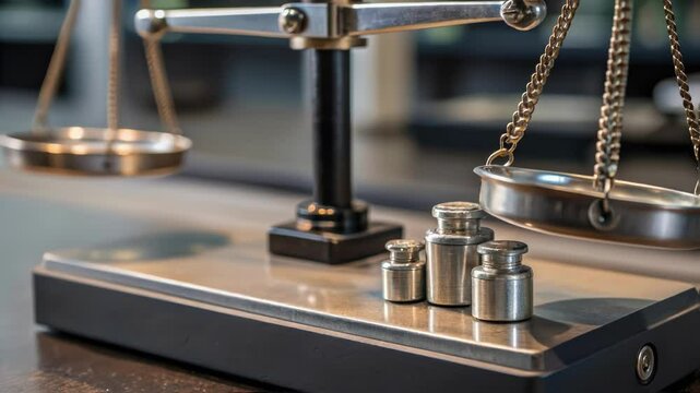 A closeup of a precision balance beam with a thoughtful inspection occurring as small weights are being added carefully to ensure accurate functionality.