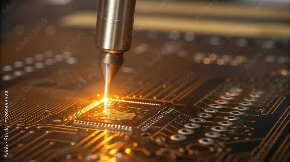 Leinwandbilder A closeup of a soldering process where molten solder is precisely applied to secure a small microchip onto a printed circuit board with glowing amber light reflecting the heat.