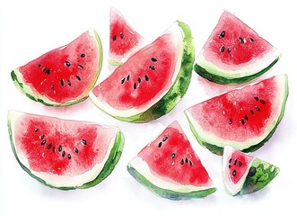 Watermelon Slices Watercolor Painting Bright Airy Style Fresh Fruit Illustration