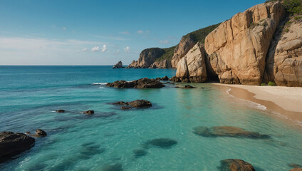 Obraz premium Seaside view with large coastal rocks, turquoise water, soft sand