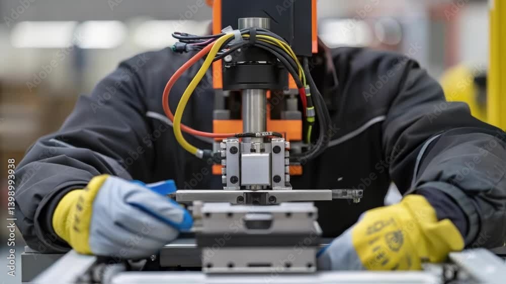 Aufkleber A closeup of a worker wearing protective gloves adjusting sensors on a robotic palletizer featuring the intricate wiring and mechanical parts of the automation.