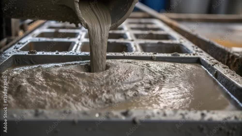 Aufkleber A closeup of concrete being poured from a mixer into molds with splashes and the wet texture of the mixture capturing the action of construction.