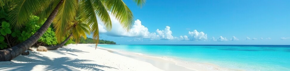 Fototapeta premium White sand beach, swaying palm trees, clear water , ocean, peaceful, escape