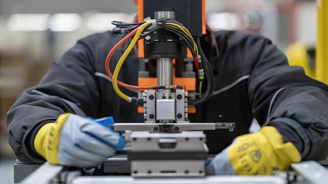 A closeup of a worker wearing protective gloves adjusting sensors on a robotic palletizer featuring the intricate wiring and mechanical parts of the automation.