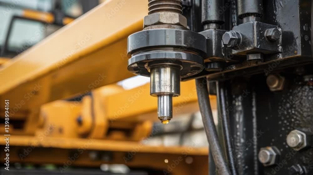 Aufkleber A closeup of hydraulic oil dripping from a valve on the pile driver emphasizing the operational aspects of the machine and the maintenance required to keep it running smoothly.
