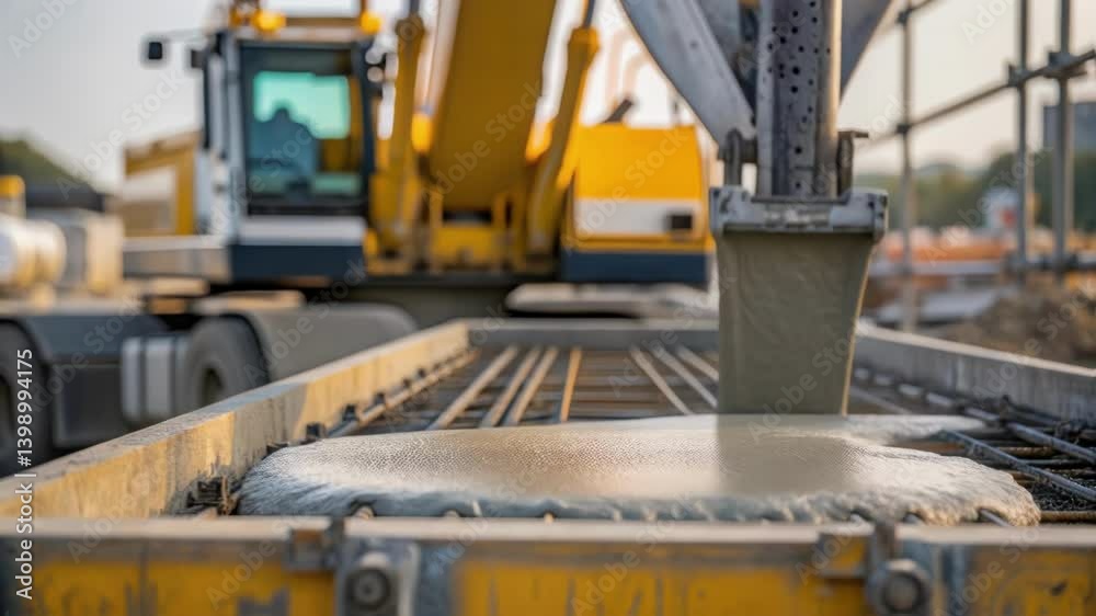 Poster a closeup of heavy machinery like a concrete pump with concrete being poured into a mold for one of 