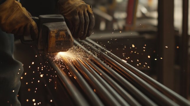 A Hispanic construction worker using a power saw to cut metal rods. Featuring precision and craftsmanship
