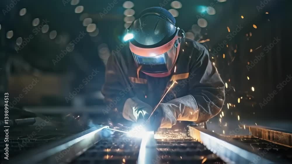 Poster a closeup of sparks flying as a worker s metal rebar with a power saw illuminating the scene and hig