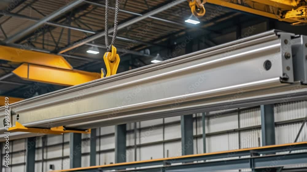 Poster a closeup of the crane rail systems mounted on the warehouse ceiling emphasizing the smooth sy metal