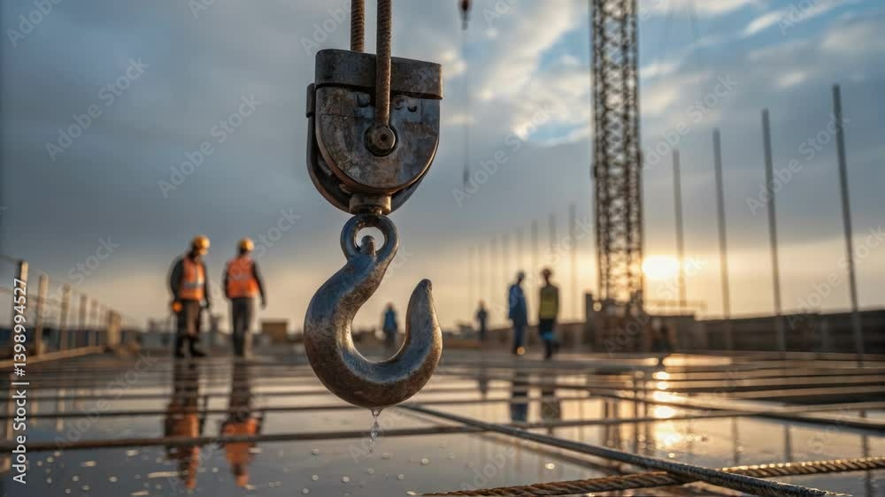 Poster a closeup of the cranes hook glistening with moisture as it hovers above a construction site framed 