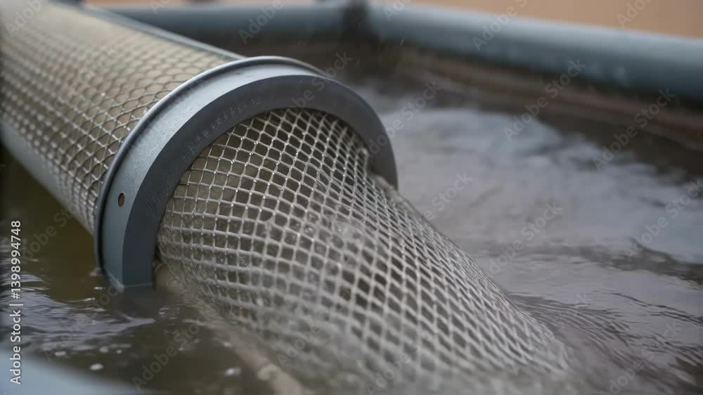 Poster a closeup of the pumps intake screen revealing fine mesh details that filter out debris with water f