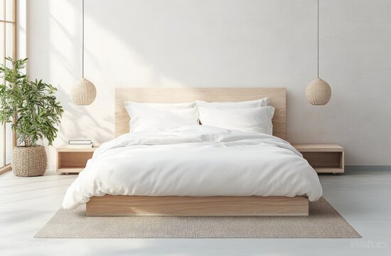 Minimalist Scandinavian Bed Mockup Front View Bright Natural Light 3D Rendering