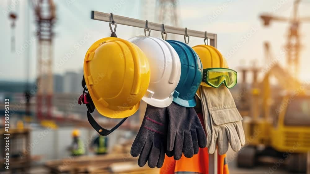 Poster a closeup shot of safety gear hanging on a hook including hard hats gloves and goggles emphasized ag