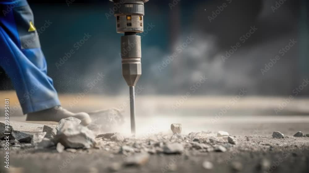 Poster a closeup shot of the jackhammers chisel striking the pavement fragments of concrete flying into the