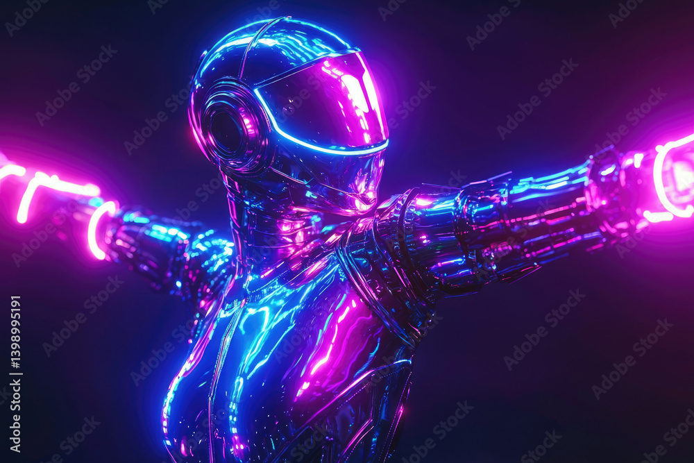 Poster a chrome robot with neon lights, arms outstretched in a dynamic pose, futuristic and vibrant.