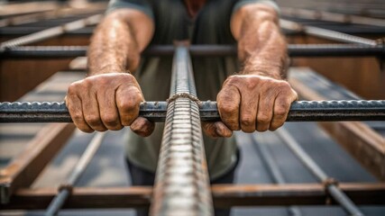 A closeup view of a workers hands gripping a heavy structural panel showcasing the grip and determination as they align it with steel beams.