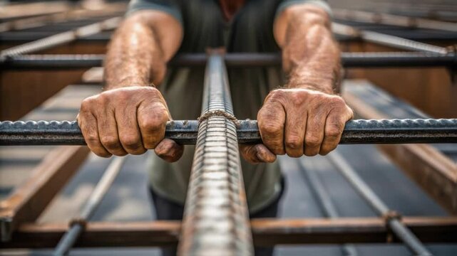 A closeup view of a workers hands gripping a heavy structural panel showcasing the grip and determination as they align it with steel beams.