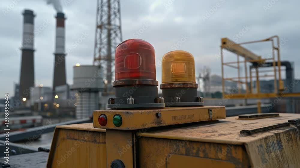 Poster a closeup view of the vibrant warning lights flashing atop the crane contrasting against the backdro