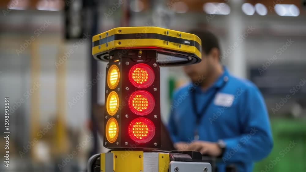 Aufkleber A closeup view of feedback lights on an assembly robot glowing in various colors indicating operational status and the interplay of human oversight.