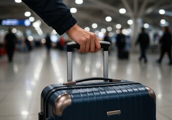 hand holding suitcase at airport to take business trip or vacation trip